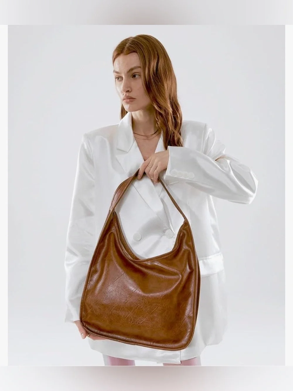 NEWBELLA Brown Embossed Vegan Leather Slouchy Hobo Shoulder Bag